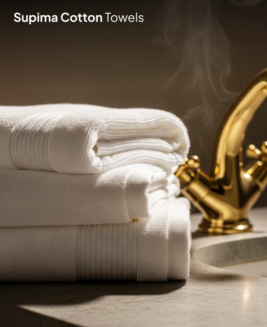 White supima towels by gold faucet